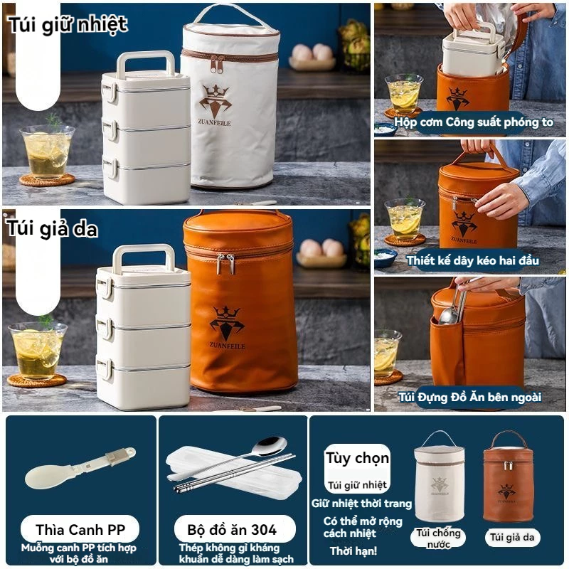 Hộp cơm kiểu vuông 2 Tầng + 2 Bộ dụng cụ ăn&n