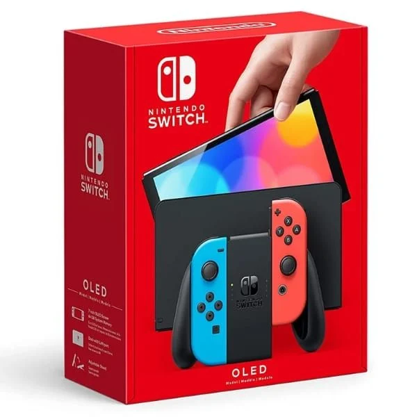 Nintendo Switch OLED model with Neon Red Blue Joy‑Con