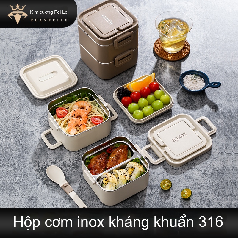 Hộp cơm kiểu vuông 2 Tầng + Bộ dụng cụ ăn nhự