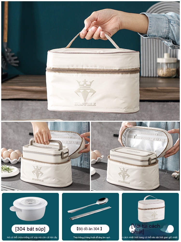 Hộp cơm hình chữ nhật 2 Tầng + Bát súp+ Bộ dụ