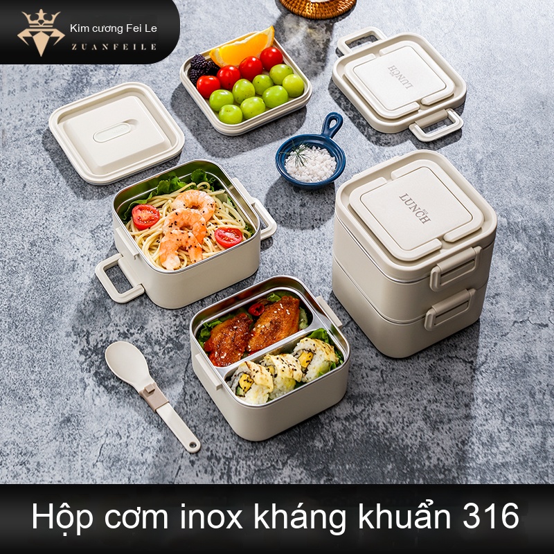Hộp cơm kiểu vuông 4 Tầng + 2 Bộ dụng cụ ăn&n