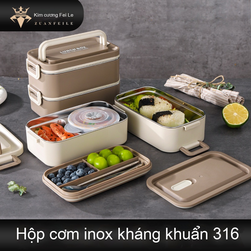 Hộp cơm hình chữ nhật 2 tầng + 2 Bộ dụng cụ&n